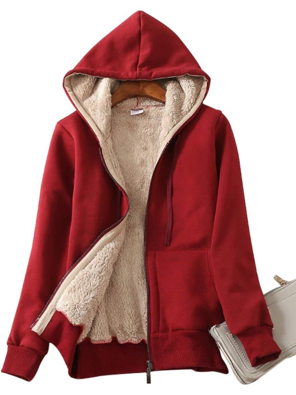 〽️Women's Wine Red Casual Full Zip Up Sherpa Lined Hoodie Sweatshirt Jacket Coat